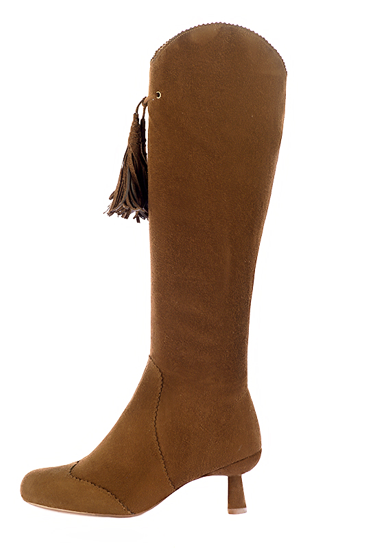 Caramel brown women's cowboy boots. Round toe. Medium spool heels. Made to measure. Profile view - Florence KOOIJMAN